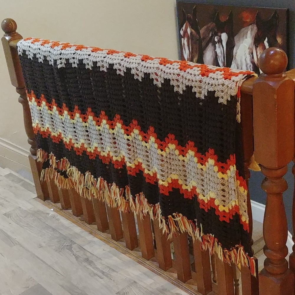 Vintage Knit Crochet Brown and Orange Afghan Throw Bedspread Blanket
